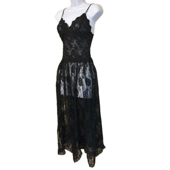 VTG Hanky Panky  Black Floral Lace Nightgown Sheer Slip Dress Size Small Witchy - Picture 2 of 8